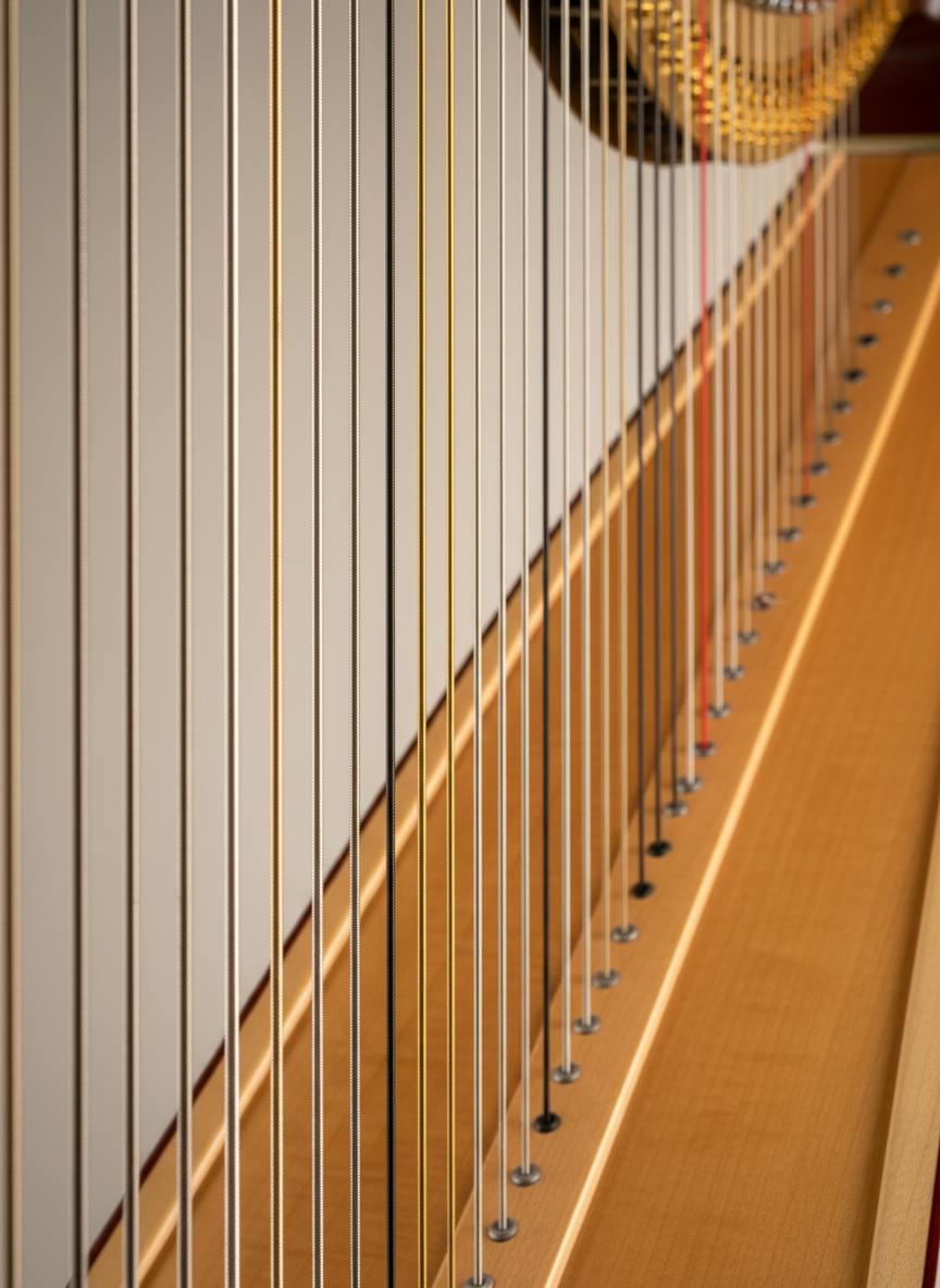 A close-up photographic view of high-quality harp strings, each made of glossy gut and shining wire, perfectly aligned and tensioned against a matte-finish maple soundboard. The camera angle follows the strings’ vertical ascent from the soundboard up toward the neck, creating a sense of depth and structure. Overhead soft box lighting gently illuminates the strings, emphasizing their textures with delicate highlights while casting fine, linear shadows on the wood. The overall composition is sleek and linear, employing a minimalist, professional look with sharply rendered details, suitable for a clean, corporate musician site.